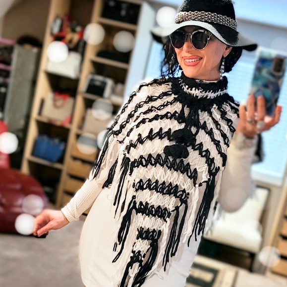 None Sweaters - Black & White knitted poncho